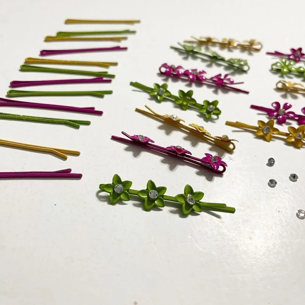 Vintage Lot of 24 Metal Bobby Pins Colorful Rhinestone Glitter Pink Green Yellow
